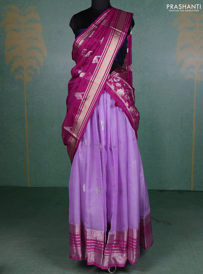 Cotton zari kota unstitched lehenga lavender and purple with silver zari woven buttas and silver zari woven border