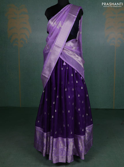 Cotton zari kota unstitched lehenga violet and lavender with silver zari woven buttas and silver zari woven border