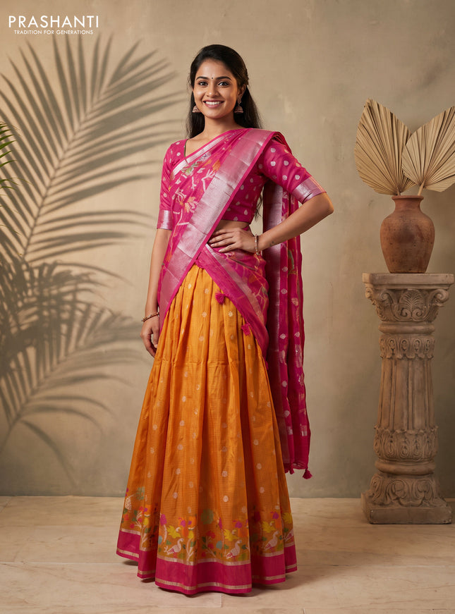 Cotton zari kota unstitched lehenga mustard yellow and pink with allover silver zari woven buttas and long rettapet silver zari woven border