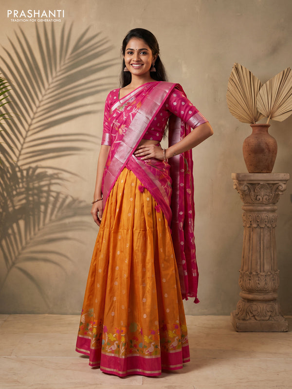 Cotton zari kota unstitched lehenga mustard yellow and pink with allover silver zari woven buttas and long rettapet silver zari woven border