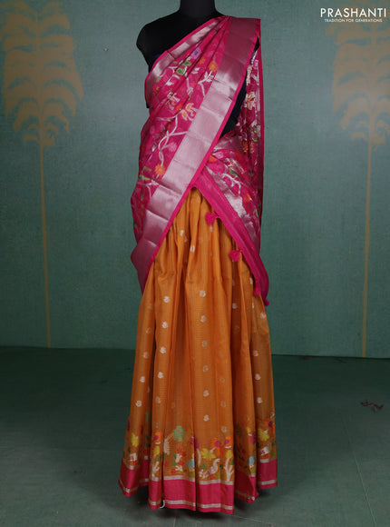 Cotton zari kota unstitched lehenga mustard yellow and pink with allover silver zari woven buttas and long rettapet silver zari woven border