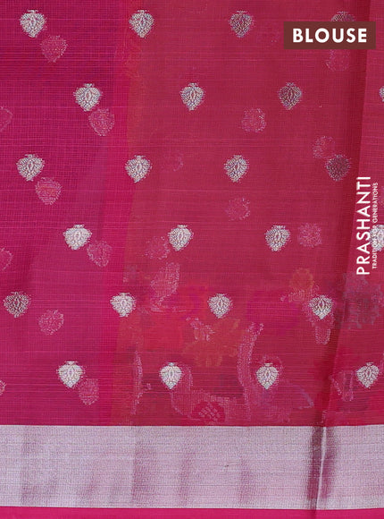 Cotton zari kota unstitched lehenga mustard yellow and pink with allover silver zari woven buttas and long rettapet silver zari woven border