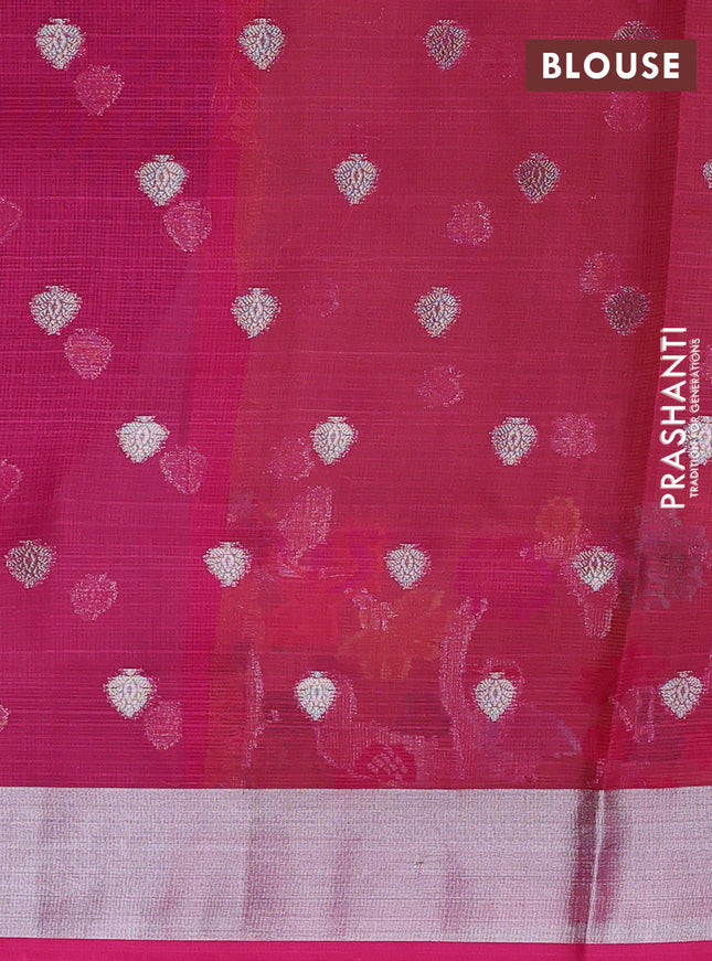 Cotton zari kota unstitched lehenga mustard yellow and pink with allover silver zari woven buttas and long rettapet silver zari woven border