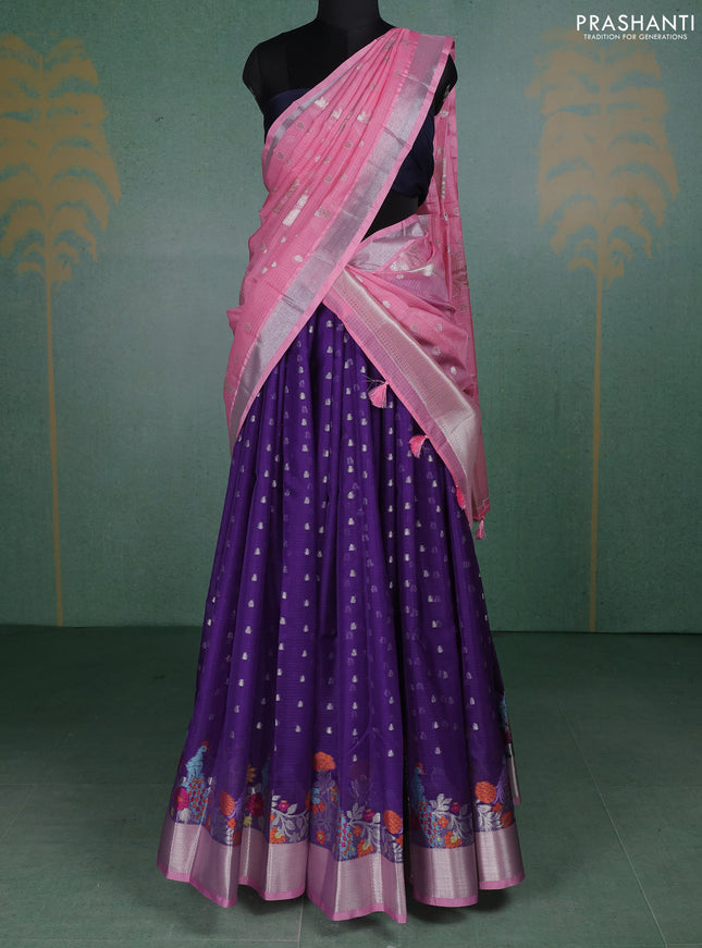 Cotton zari kota unstitched lehenga violet and light pink with allover silver zari woven buttas and long silver zari woven border