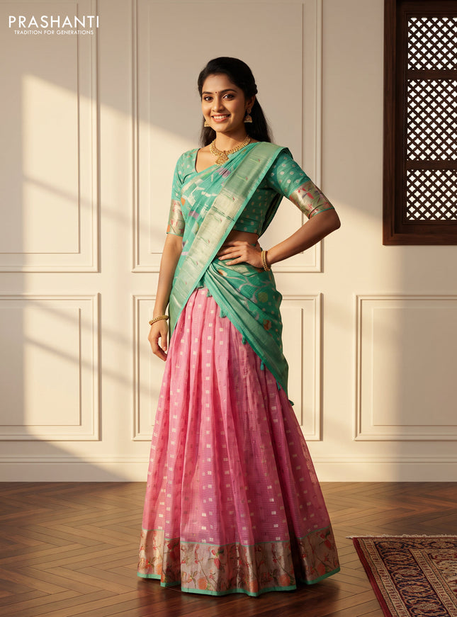 Cotton zari kota unstitched lehenga light pink and teal green with allover silver zari woven buttas and silver zari woven border