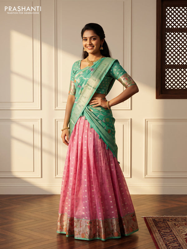 Cotton zari kota unstitched lehenga light pink and teal green with allover silver zari woven buttas and silver zari woven border