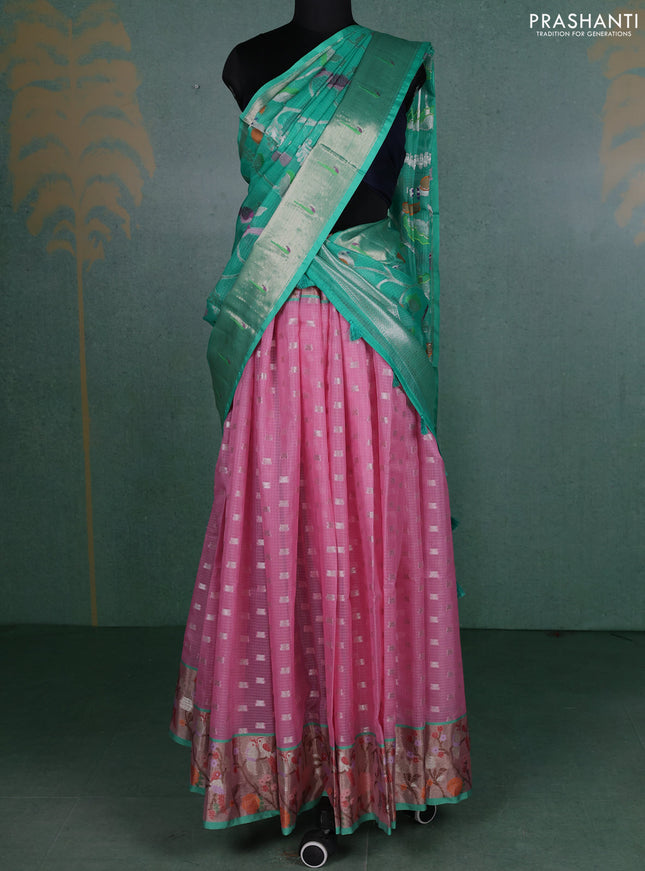Cotton zari kota unstitched lehenga light pink and teal green with allover silver zari woven buttas and silver zari woven border
