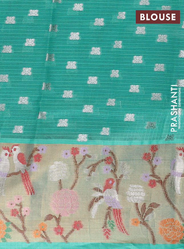 Cotton zari kota unstitched lehenga light pink and teal green with allover silver zari woven buttas and silver zari woven border