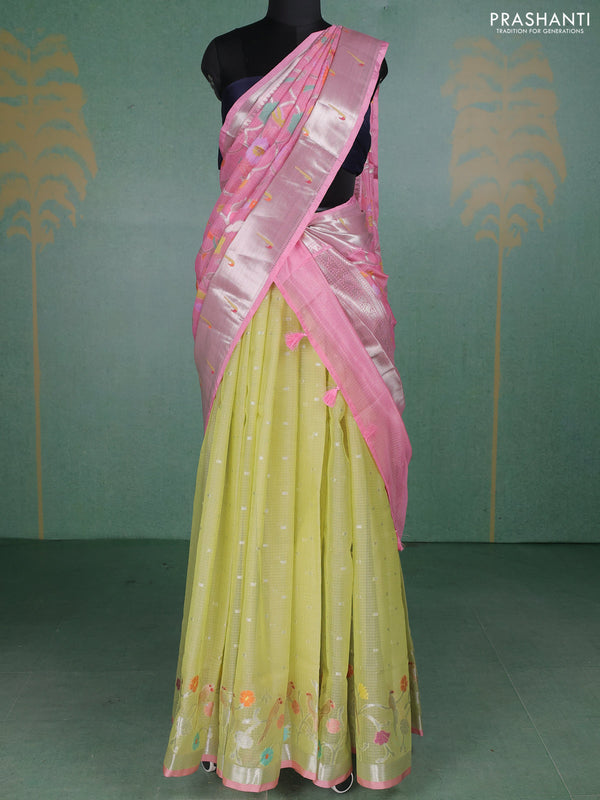 Cotton zari kota unstitched lehenga pista green and light pink with allover jamdhani weaving and silver zari woven border