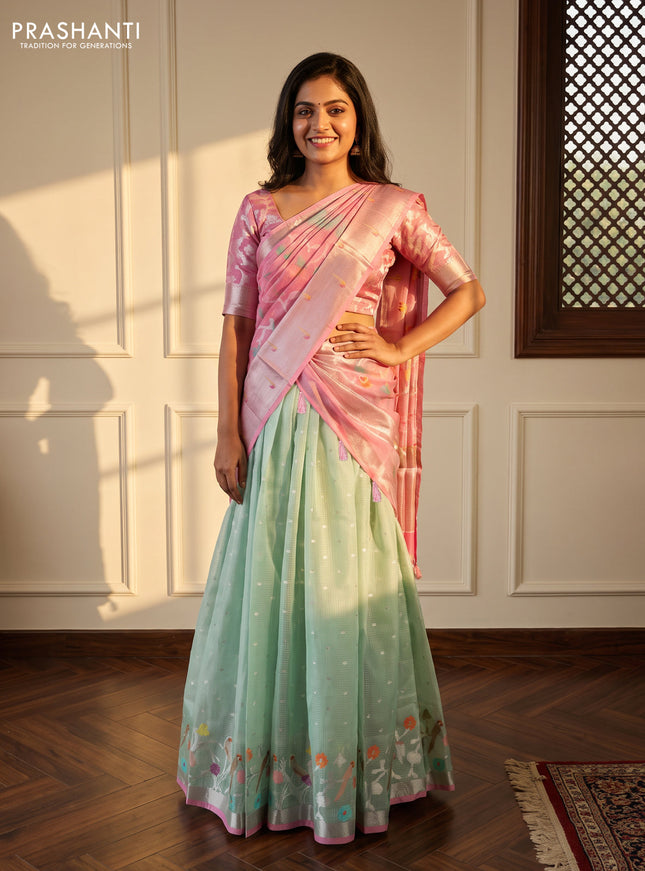 Cotton zari kota unstitched lehenga pastel green and light pink with allover jamdhani weaving and silver zari woven border