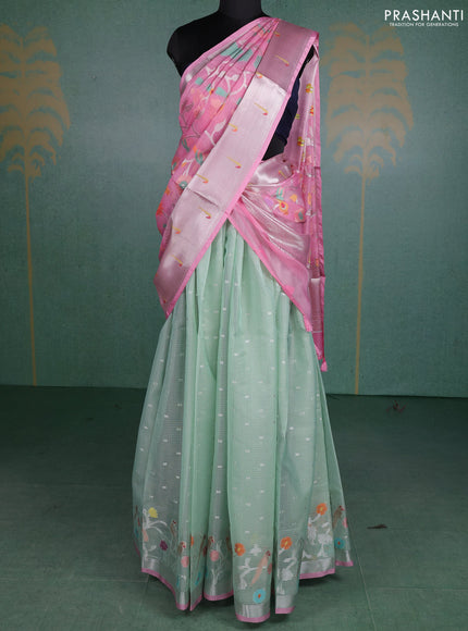 Cotton zari kota unstitched lehenga pastel green and light pink with allover jamdhani weaving and silver zari woven border