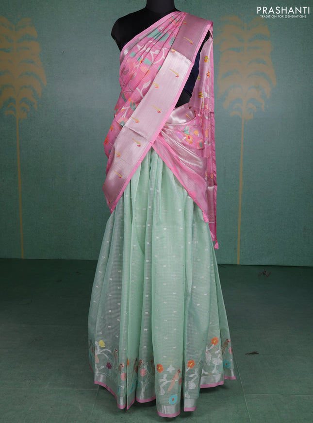 Cotton zari kota unstitched lehenga pastel green and light pink with allover jamdhani weaving and silver zari woven border