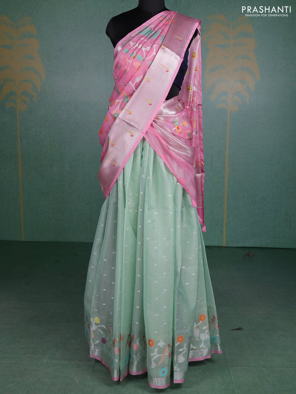 Cotton zari kota unstitched lehenga pastel green and light pink with allover jamdhani weaving and silver zari woven border