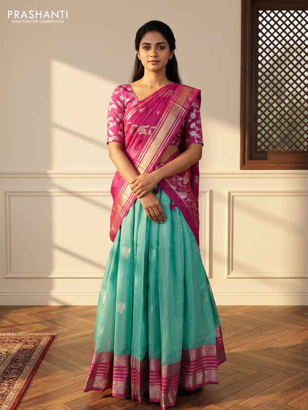 Cotton zari kota unstitched lehenga teal green shade and purple with silver zari woven buttas and silver zari woven border