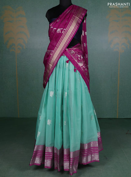 Cotton zari kota unstitched lehenga teal green shade and purple with silver zari woven buttas and silver zari woven border
