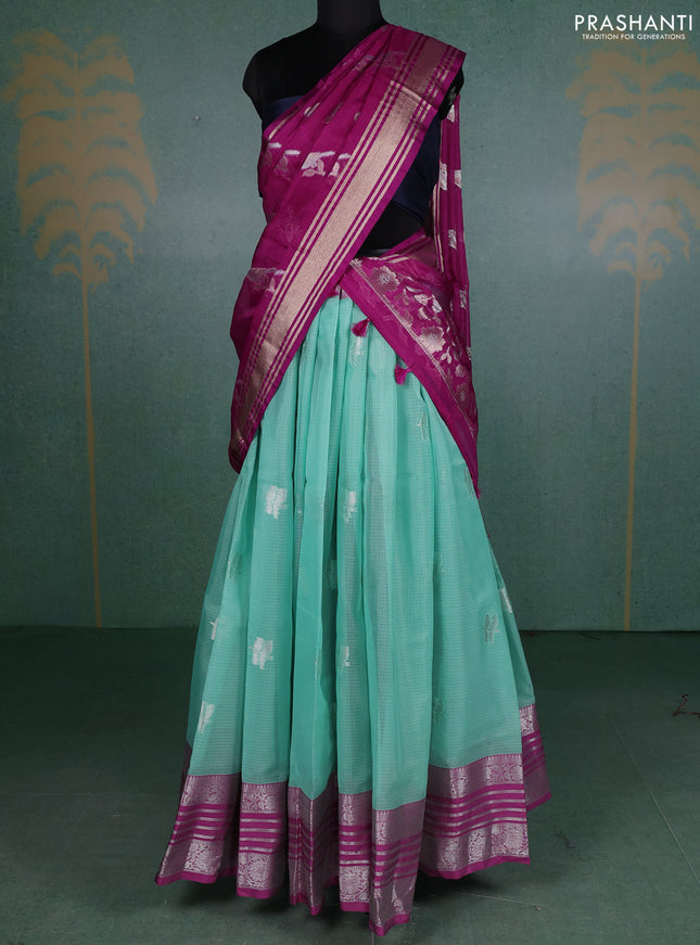Cotton zari kota unstitched lehenga teal green shade and purple with silver zari woven buttas and silver zari woven border