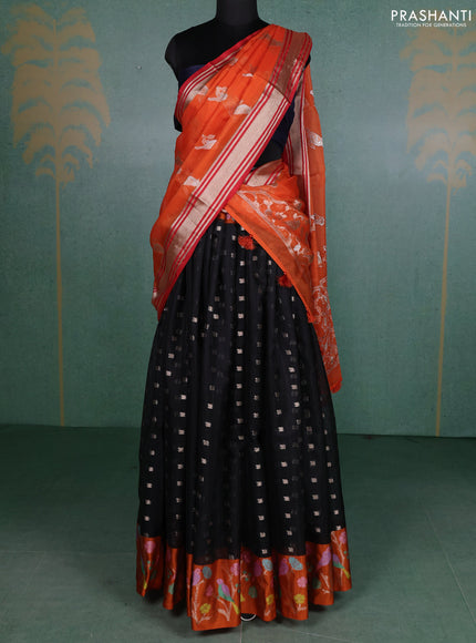 Cotton zari kota unstitched lehenga black and orange with allover zari woven buttas and long rich zari woven border