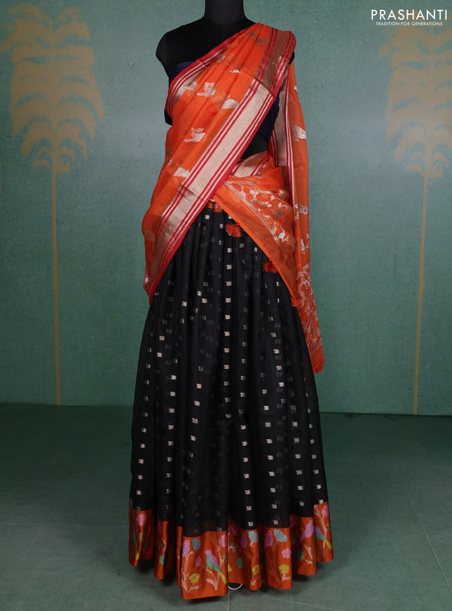 Cotton zari kota unstitched lehenga black and orange with allover zari woven buttas and long rich zari woven border