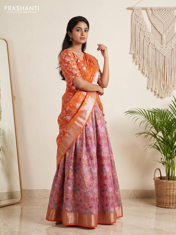 Cotton zari kota unstitched lehenga light pink and orange with allover jamdhani weaving and zari woven border