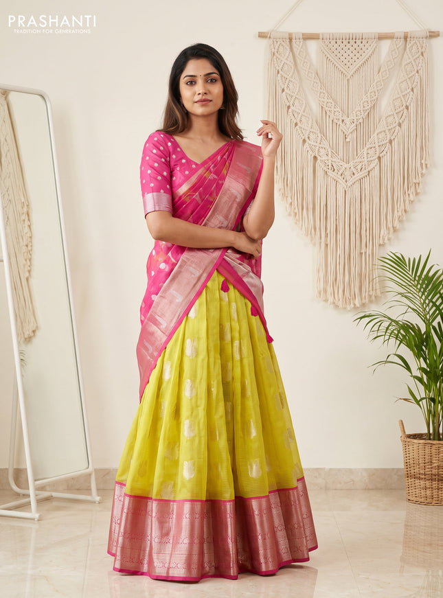 Cotton zari kota unstitched lehenga lime green and pink with silver zari woven buttas and long zari woven border