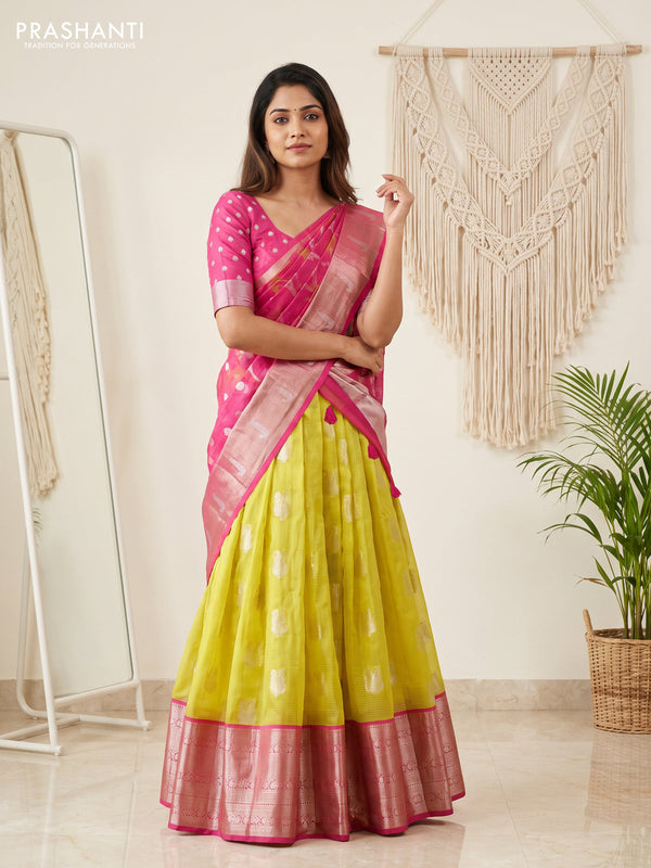 Cotton zari kota unstitched lehenga lime green and pink with silver zari woven buttas and long zari woven border
