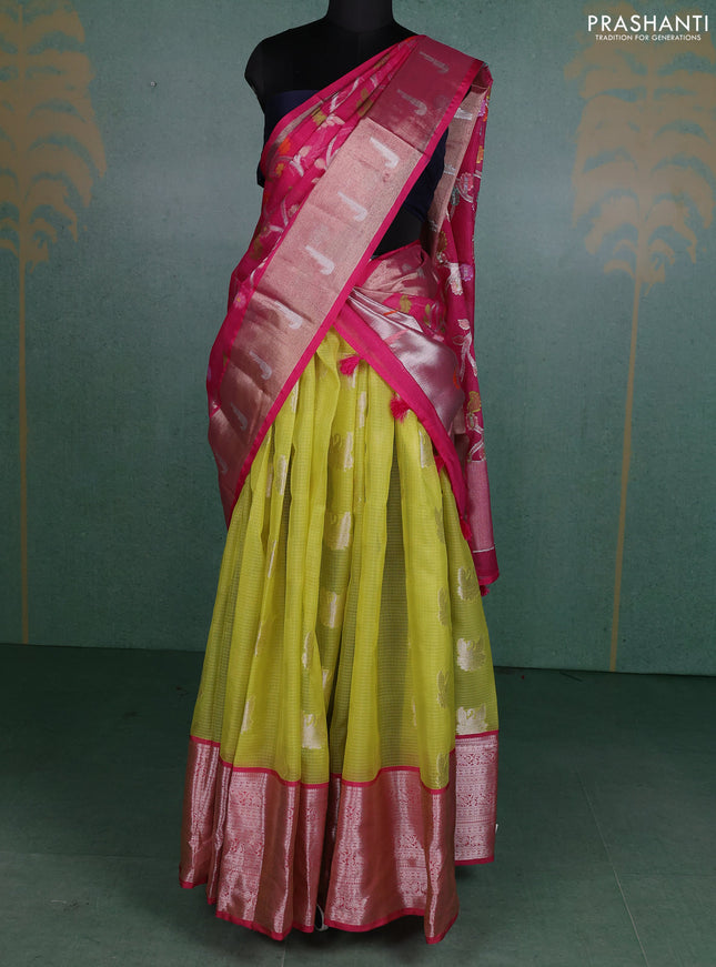 Cotton zari kota unstitched lehenga lime green and pink with silver zari woven buttas and long zari woven border