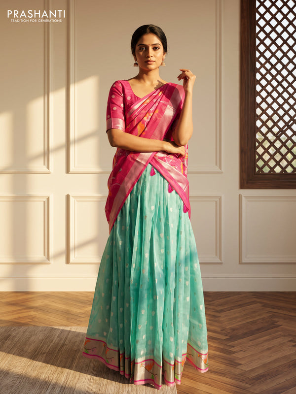 Cotton zari kota unstitched lehenga teal green shade and light pink with silver zari woven pichwai buttas and zari woven border