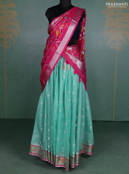 Cotton zari kota unstitched lehenga teal green shade and light pink with silver zari woven pichwai buttas and zari woven border