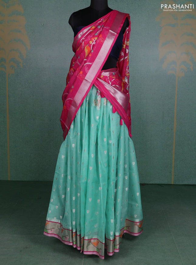Cotton zari kota unstitched lehenga teal green shade and light pink with silver zari woven pichwai buttas and zari woven border