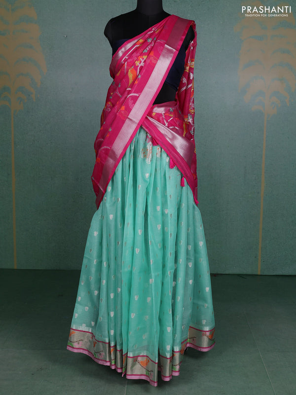 Cotton zari kota unstitched lehenga teal green shade and light pink with silver zari woven pichwai buttas and zari woven border