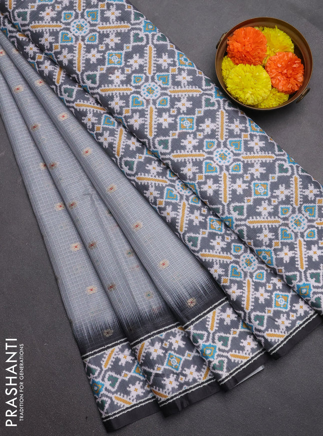 Art kota saree pastel grey and dark grey with allover zari woven buttas and temple design ikat printed border