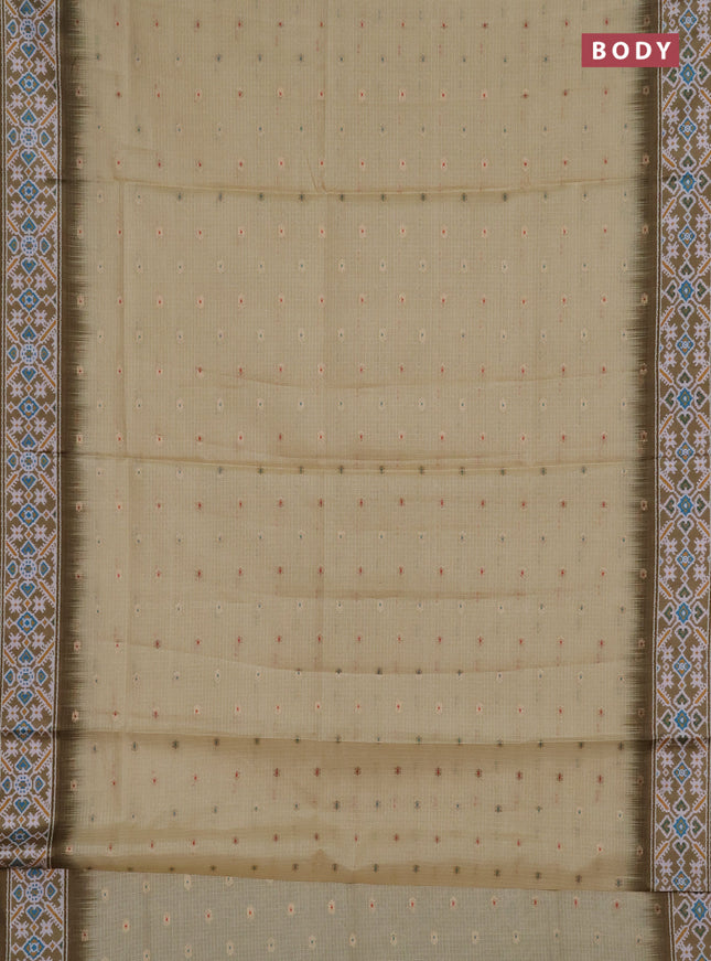 Art kota saree pale yellow and mehendi green with allover zari woven buttas and temple design ikat printed border