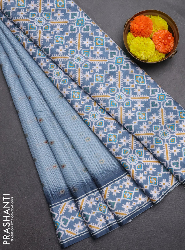 Art kota saree pastel blue and grey with allover zari woven buttas and temple design ikat printed border