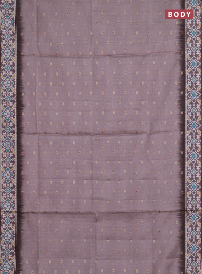 Art kota saree pastel pink shade and brown with allover zari woven buttas and temple design ikat printed border