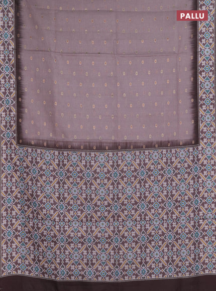 Art kota saree pastel pink shade and brown with allover zari woven buttas and temple design ikat printed border