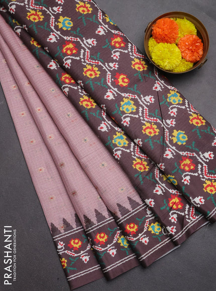 Art kota saree peach pink and coffee brown with allover zari woven buttas and temple design ikat printed border