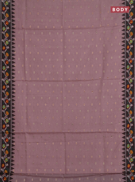 Art kota saree peach pink and coffee brown with allover zari woven buttas and temple design ikat printed border
