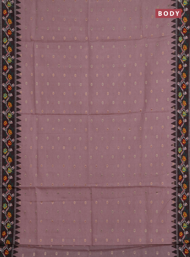 Art kota saree peach pink and coffee brown with allover zari woven buttas and temple design ikat printed border
