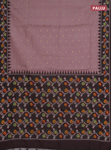 Art kota saree peach pink and coffee brown with allover zari woven buttas and temple design ikat printed border