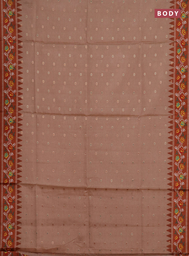 Art kota saree pastel orange and rustic orange with allover zari woven buttas and temple design ikat printed border