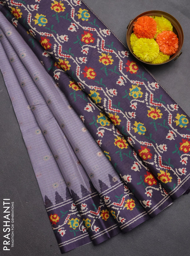 Art kota saree lavender and deep violet with allover zari woven buttas and temple design ikat printed border
