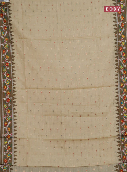 Art kota saree pale yellow and mehendi green with allover zari woven buttas and temple design ikat printed border