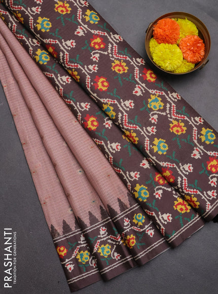 Art kota saree peach shade and coffee brown with allover zari woven buttas and temple design ikat printed border