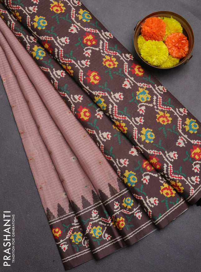 Art kota saree peach shade and coffee brown with allover zari woven buttas and temple design ikat printed border