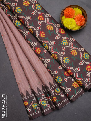 Art kota saree peach shade and coffee brown with allover zari woven buttas and temple design ikat printed border