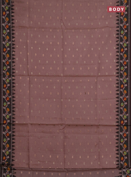 Art kota saree peach shade and coffee brown with allover zari woven buttas and temple design ikat printed border
