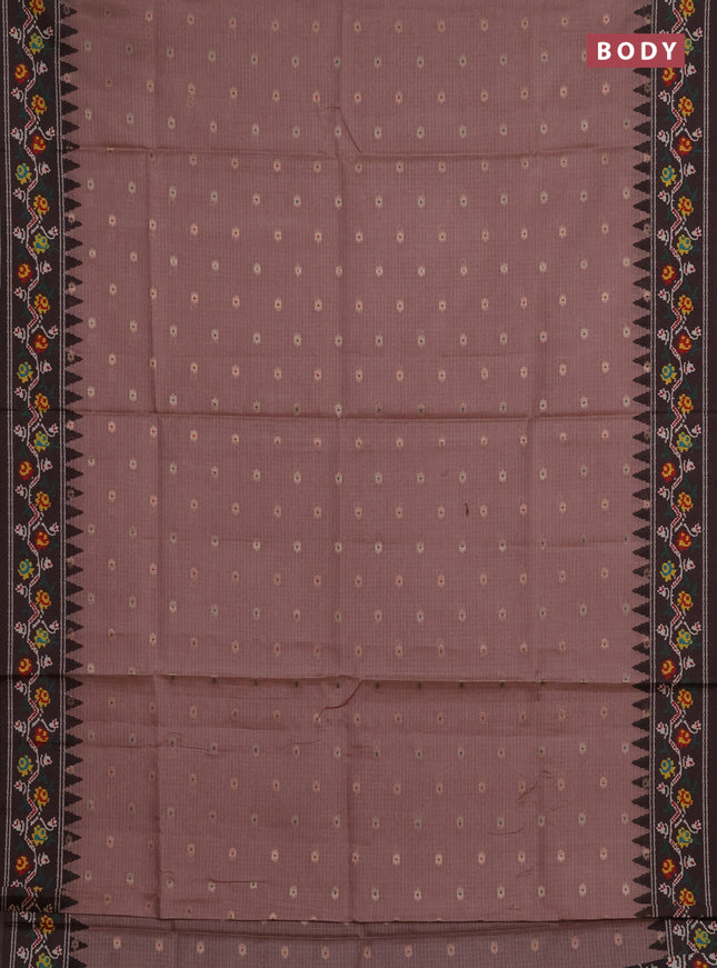 Art kota saree peach shade and coffee brown with allover zari woven buttas and temple design ikat printed border