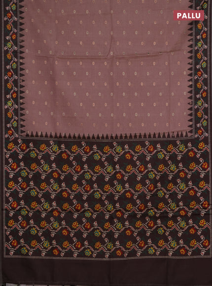 Art kota saree peach shade and coffee brown with allover zari woven buttas and temple design ikat printed border