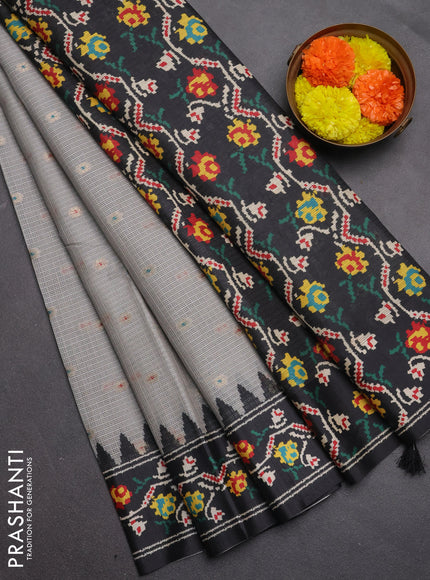 Art kota saree pastel grey and dark grey with allover zari woven buttas and temple design ikat printed border