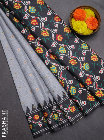 Art kota saree pastel grey and dark grey with allover zari woven buttas and temple design ikat printed border